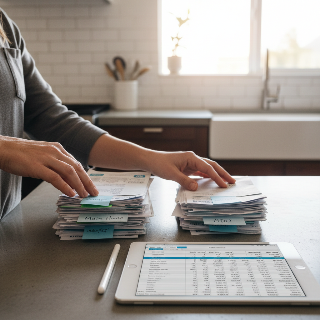 ADU Utilities: Shared or Separate in California? — A close-up shot of a homeowner's hands reviewing two distinct stacks of utility bills on a modern kitchen cou
