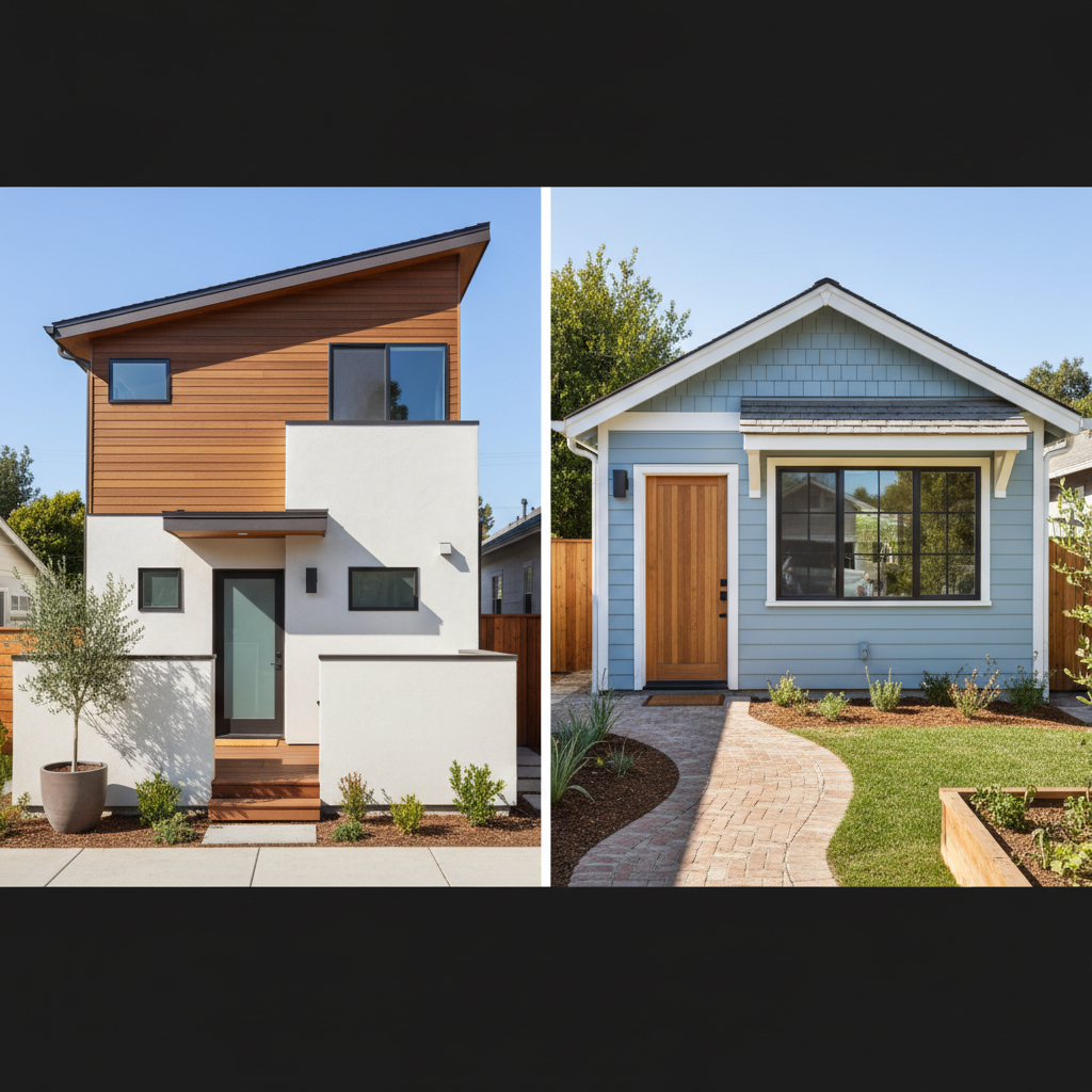 The Rise of ADU for Multigenerational Living in California — A split image or diptych showing both an attached ADU and a converted garage ADU. The attached ADU