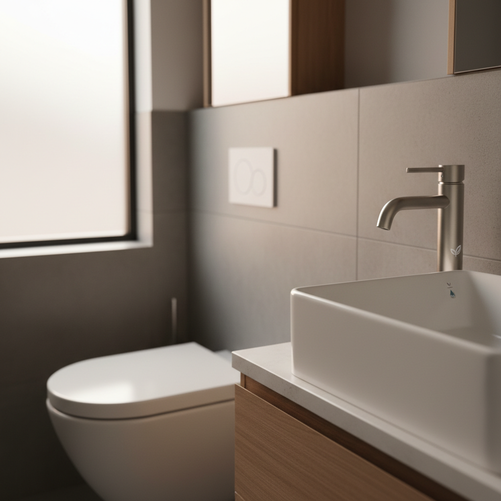 CalGreen for Your ADU: What California Homeowners Need to Know — A close-up shot of a modern, low-flow bathroom faucet and toilet in an ADU, emphasizing water c