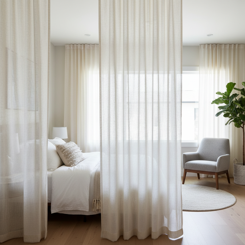 How to Separate Living and Sleeping Areas in a Studio ADU — A stylish studio ADU interior demonstrating flexible space division using ceiling-mounted, sheer lin