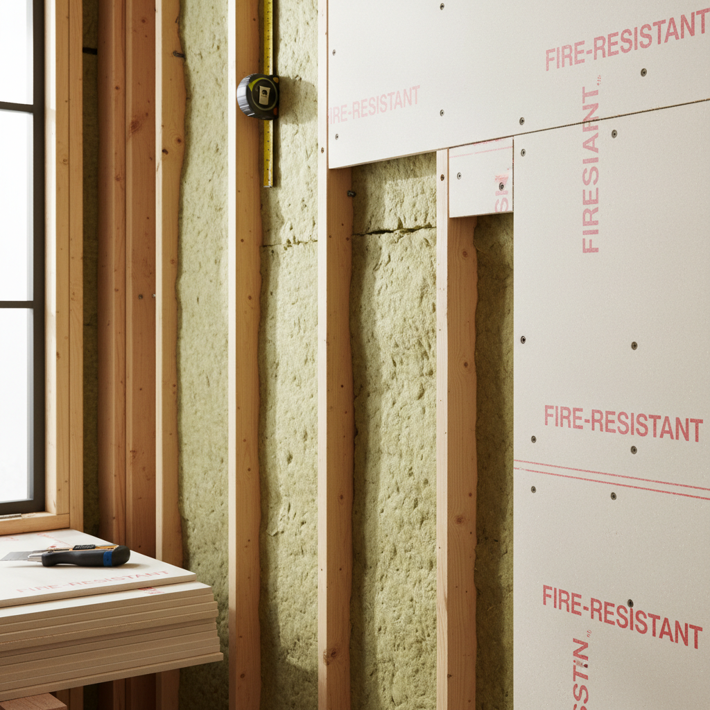 Fire-Rated Walls for ADUs: What You Need to Know — A detailed, photorealistic close-up of a wall under construction, clearly showing layers of fire-resistant Ty