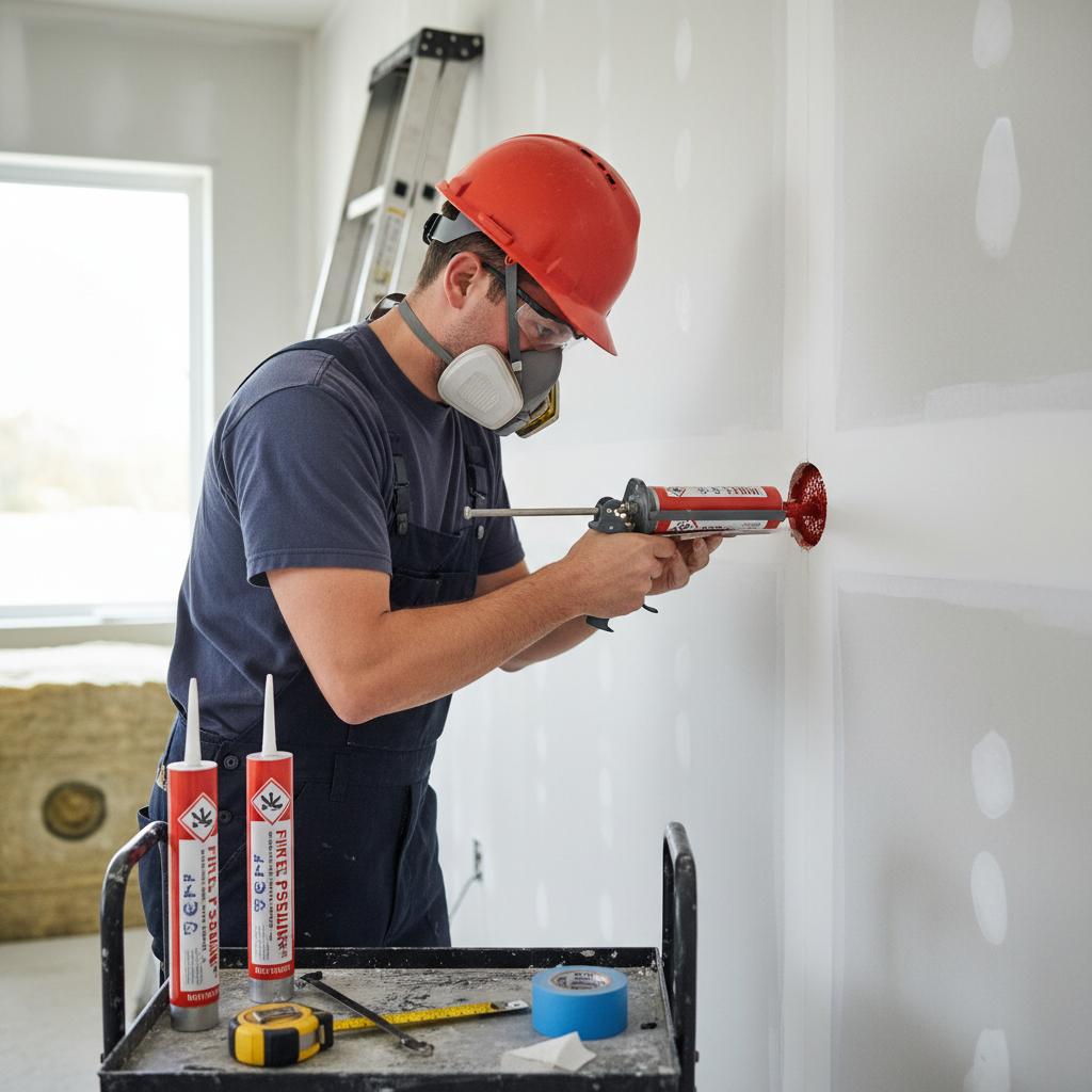 Fire-Rated Walls for ADUs: What You Need to Know — A photorealistic image of a professional builder applying fire-rated caulk or sealant around a pipe penetrati