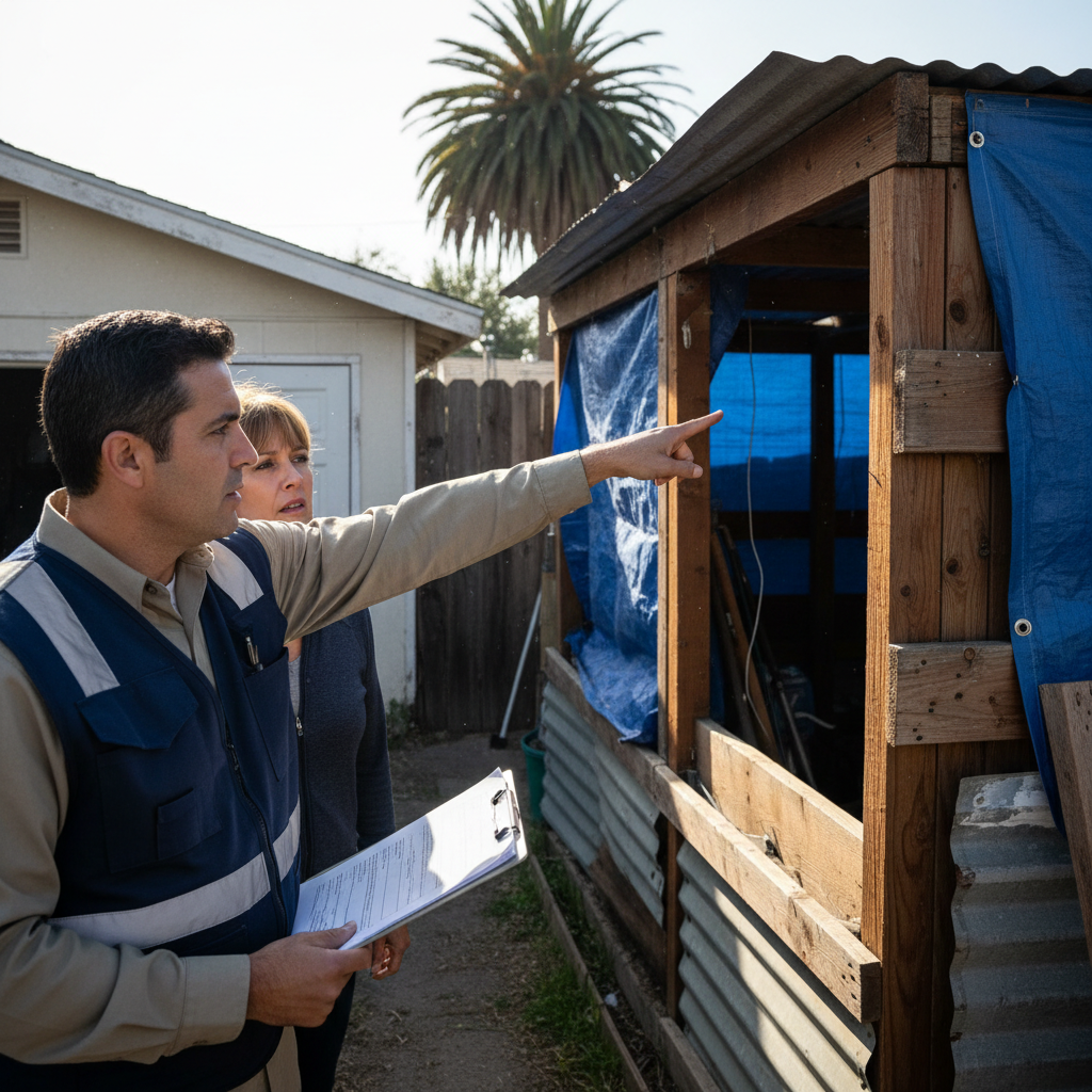 What to Do After an Unpermitted ADU Notice of Violation — A close-up shot of a city code enforcement official, wearing a vest, pointing to a section of a proper