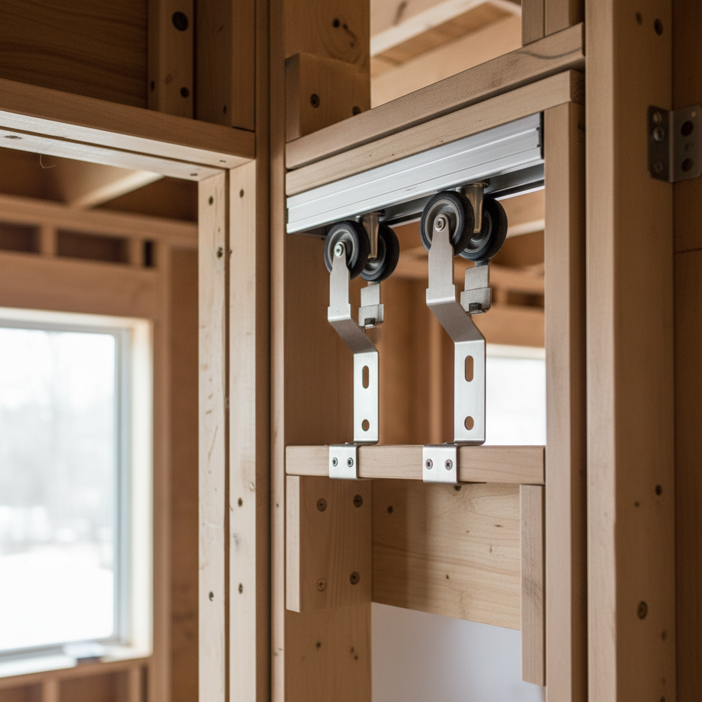 What Is a Pocket Door and Why ADU Designers Use It in Small Floor Plans — A close-up of a high-quality pocket door track and roller system installed within a wa
