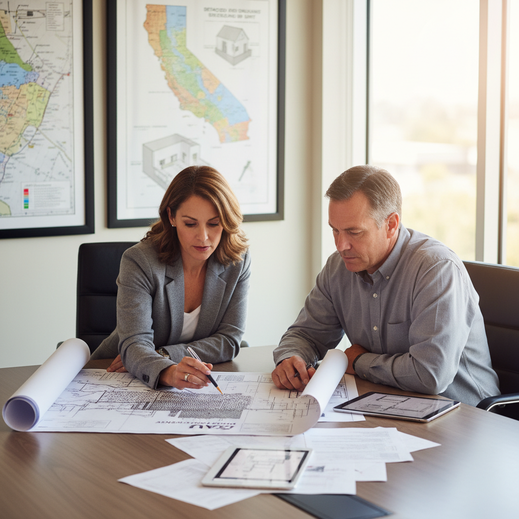 How ADU Permit Process Differs Across LA County Cities — A city planner reviewing ADU blueprints with a homeowner, pointing to a specific section on the map, il