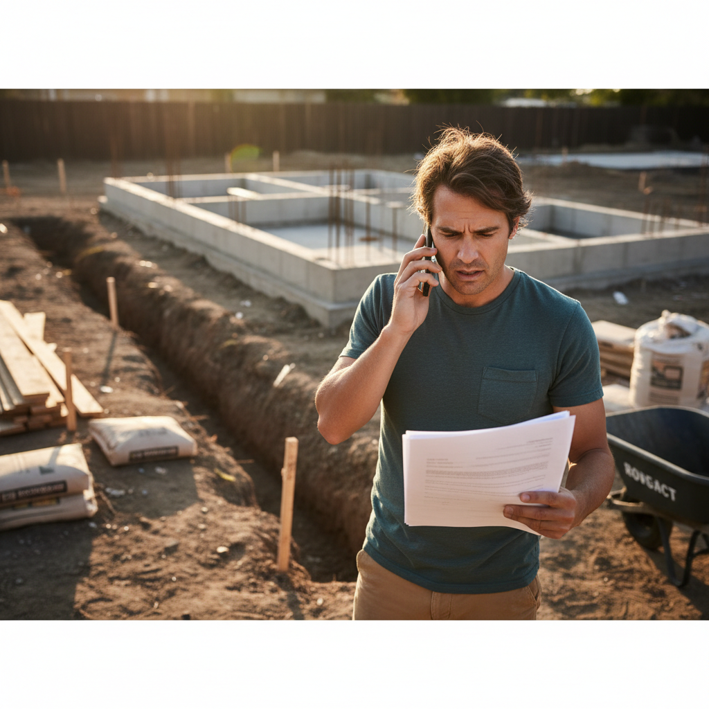When ADU Construction Stops: Your Guide to Next Steps — A homeowner looking stressed while holding a construction contract, standing in front of an unfinished A