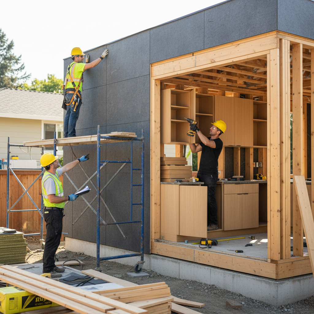 ADU Design-Build Firms: Your Path to a Seamless Backyard Home — A construction site for an ADU, with skilled tradespeople working efficiently. One worker is met