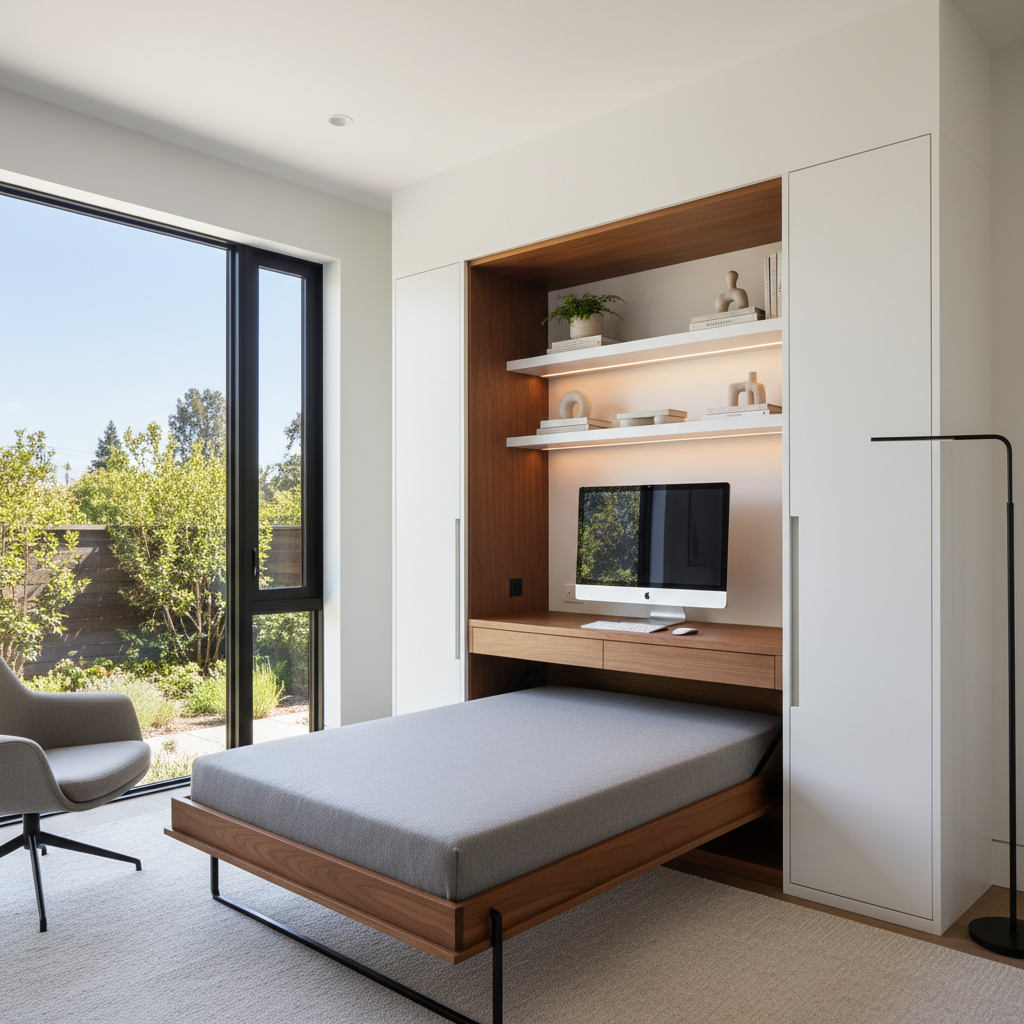 How to Design an ADU Bedroom for Flexible Living Over Time — A sleek ADU bedroom with a Murphy bed integrated into a wall unit, revealing a functional home offi