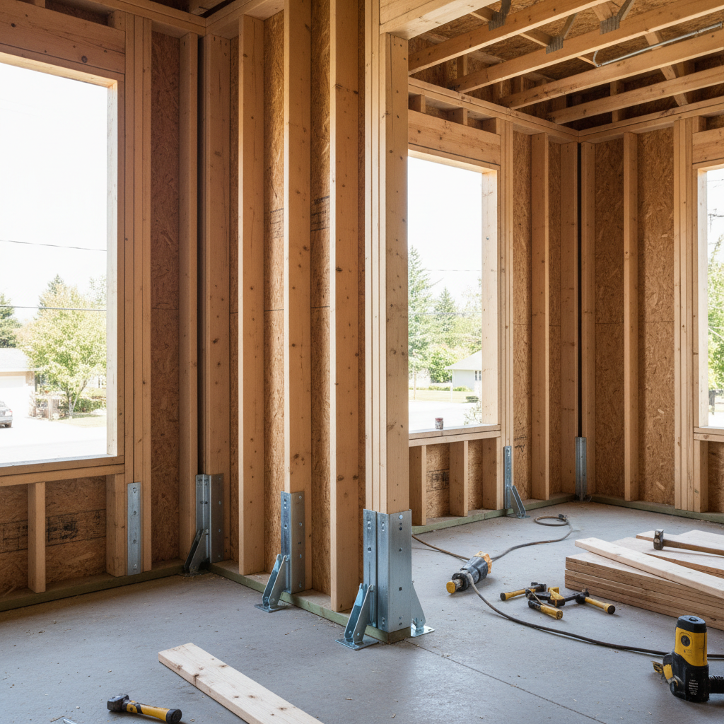 ADU Above Garage: Decoding Structural Requirements for Your California Home — An interior view of a garage under construction, with visible wood framing and ply