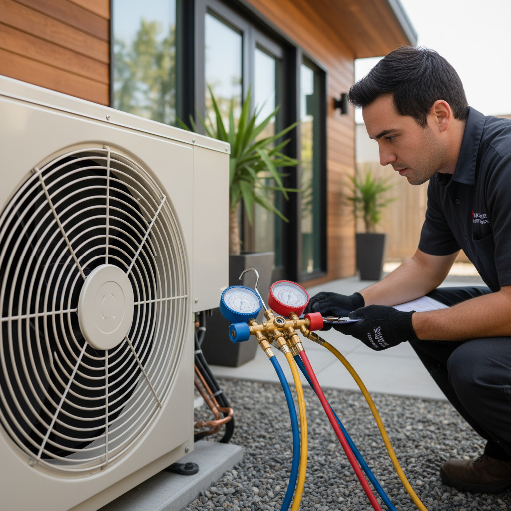 HERS Testing for ADUs: What to Expect During Construction — A detailed image of an HVAC technician or HERS Rater verifying the refrigerant charge on an outdoor