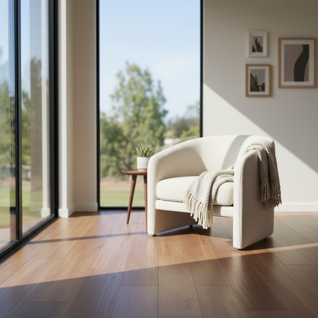 Choosing the Best Flooring for Your Small ADU — An elegant engineered hardwood floor in a compact ADU living room, reflecting soft light from a large window. Th