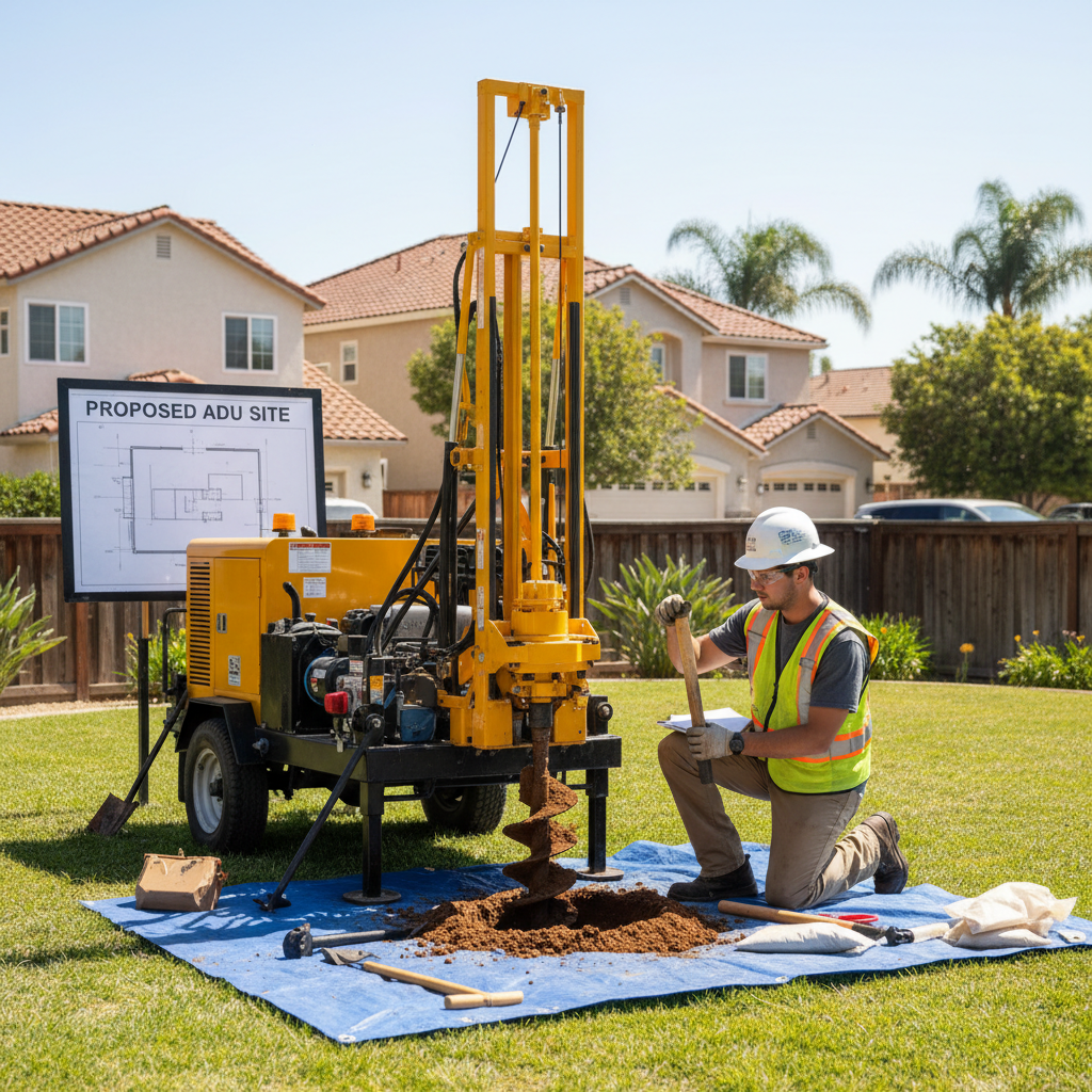 When Your ADU Project Requires a Geotechnical Report — A photorealistic image of a small, mobile drilling rig performing soil boring on a residential backyard l