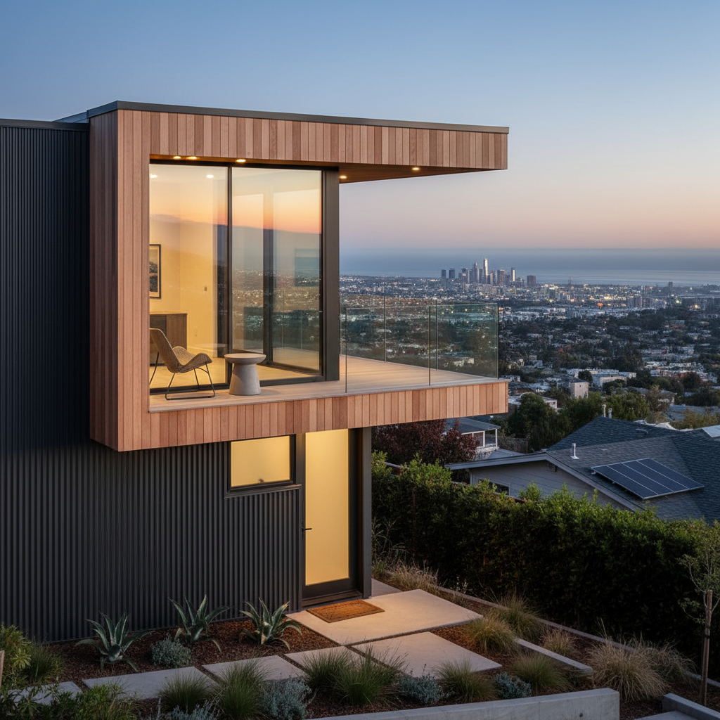 Two-Story ADU: When Vertical Makes Sense for Your Project — Photorealistic, exterior shot of a contemporary two-story ADU with a sleek design, showing how its u