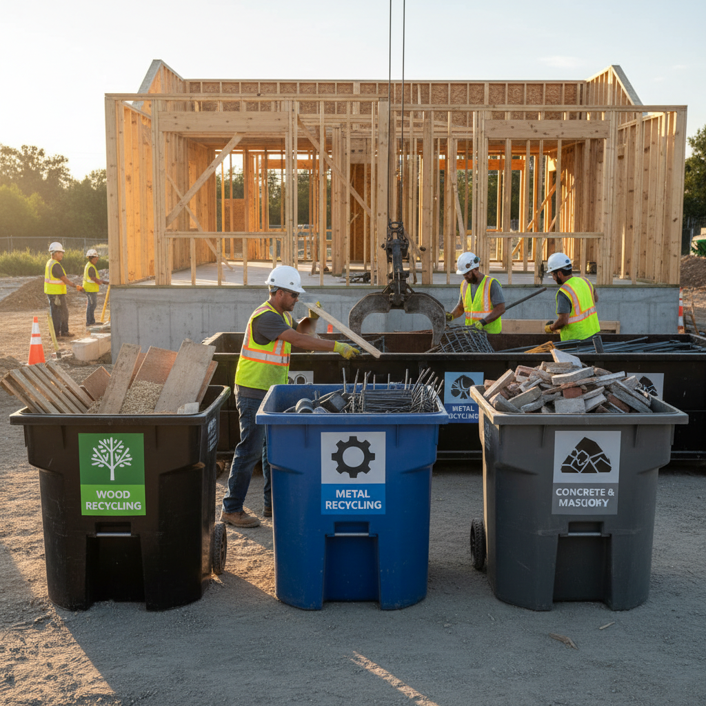 CalGreen for Your ADU: What California Homeowners Need to Know — A construction site for an ADU, showing clearly labeled bins for recycling different types of c