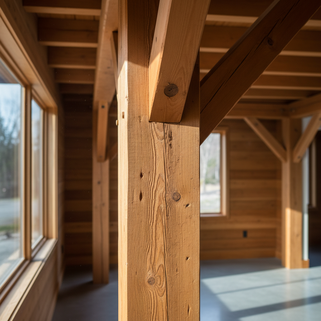 Post-and-Beam ADU Construction: Benefits & Design Guide — A close-up, photorealistic view inside a post-and-beam ADU, showcasing the intricate joinery of a larg