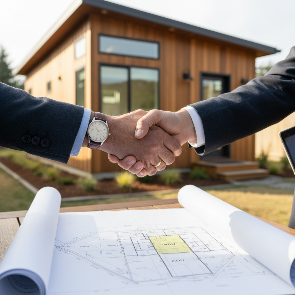What Is an Encroachment and How It Can Affect Your ADU Project — A concept image of two hands, one representing a homeowner and the other a GatherADU consultant
