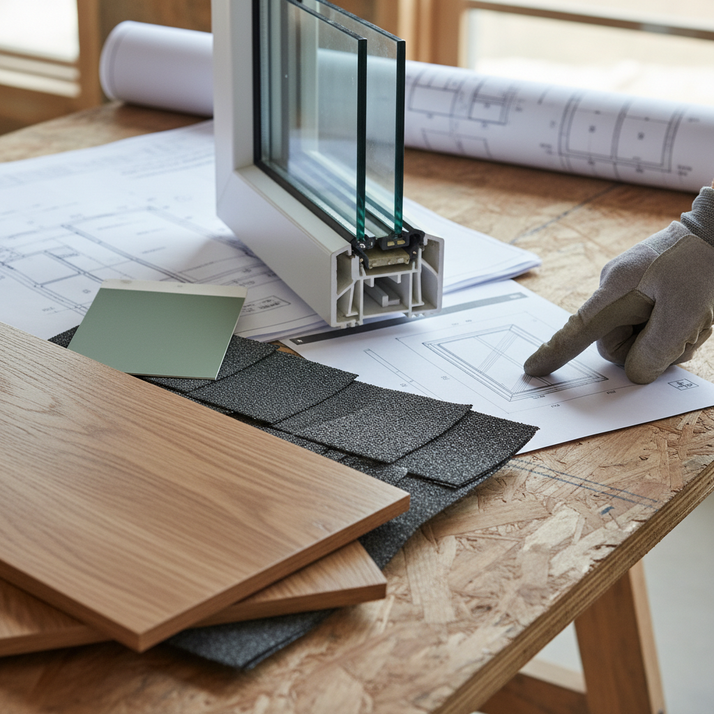 Material Submittals in ADU Construction: Your Guide to Quality — A close-up shot of a construction site table with various material samples laid out: a wood flo