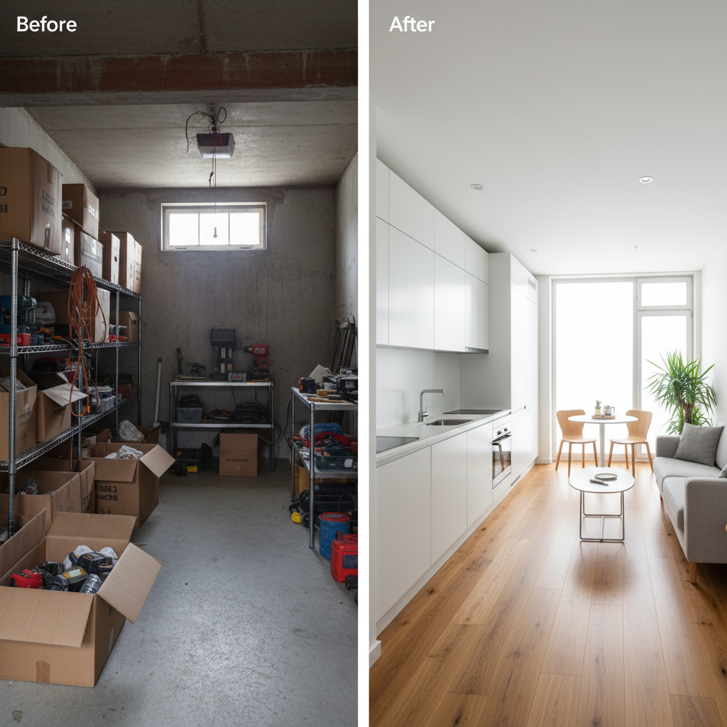 Left: "Before" (Messy Garage) Photorealistic photo of a messy cluttered garage interior with old boxes, tools, and storage shelves. Visible overhead beam and co