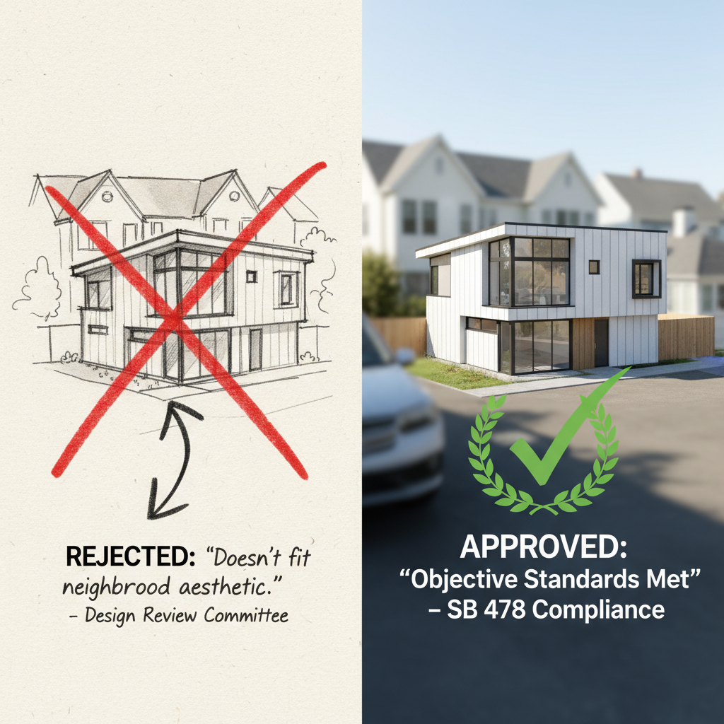 SB 478 & Front Setback Rules: A Game Changer for CA Housing — A split image or comparison. On one side, a conceptual drawing of an ADU being rejected due to a '