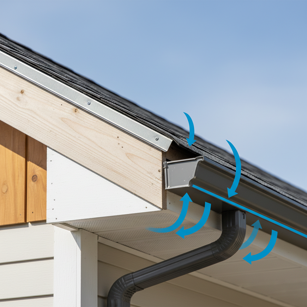 What Is a Fascia Board on an ADU and How It Affects Moisture Control — A close-up, cutaway view illustration of an ADU roof eaves, clearly showing the fascia bo
