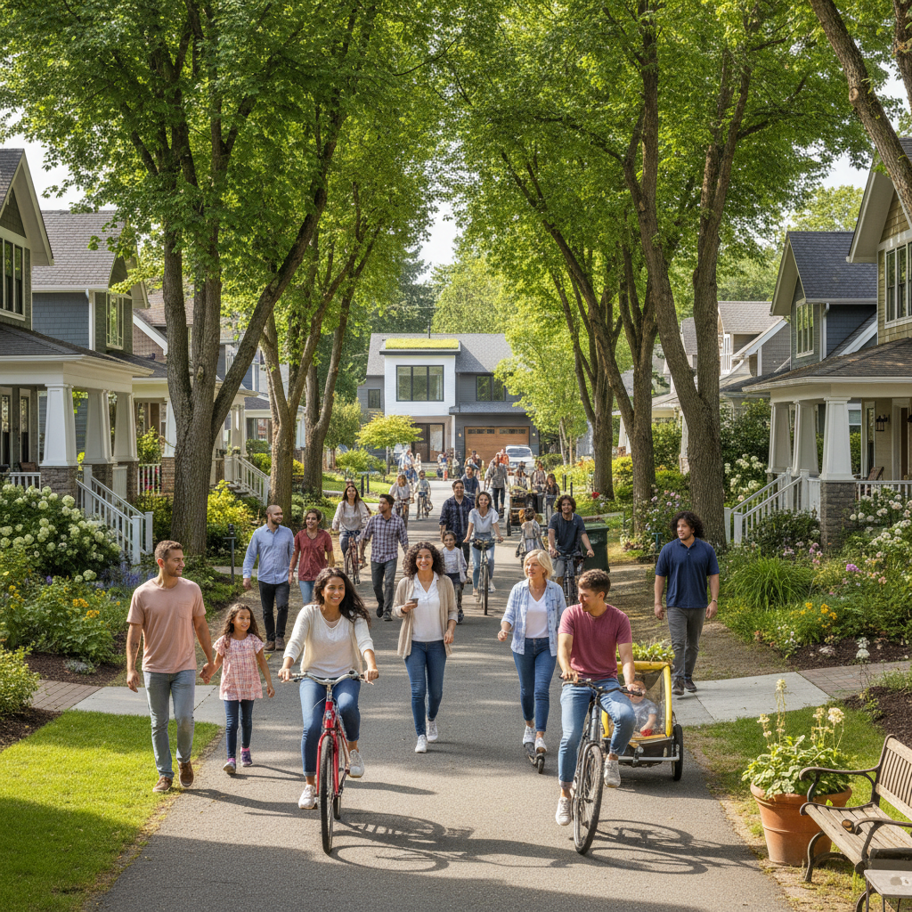 AB 2097: ADU Parking Eliminated Near Transit — A diverse group of happy people walking and cycling along a tree-lined street with charming, well-maintained home
