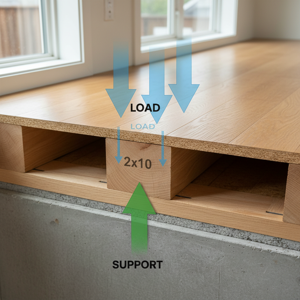 What is a Span Table in ADU Floor Framing Engineering? — A photorealistic, detailed cutaway view of an ADU floor system. One joist is highlighted, showing its d