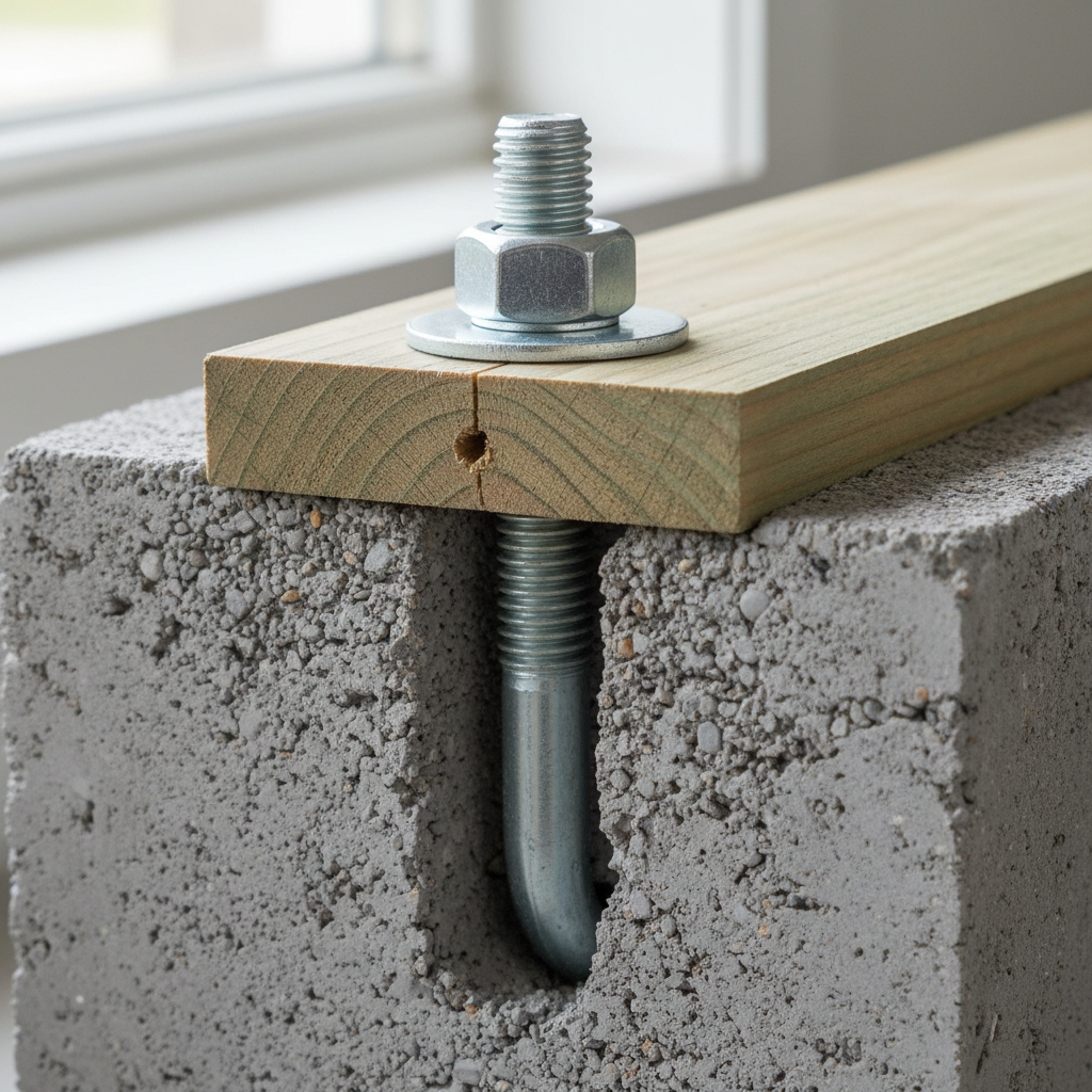 Anchor Bolts: Securing Your ADU to Its Foundation — A close-up, cross-section view diagram showing a J-bolt or headed anchor bolt embedded in a concrete foundat