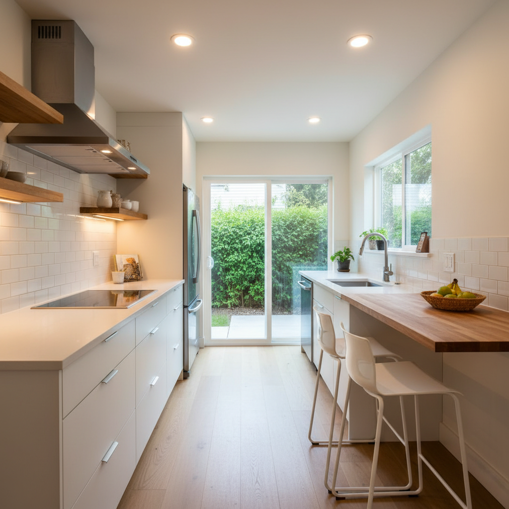 Galley Kitchens for ADUs: Space-Saving & Stylish — A bright and airy galley kitchen in an ADU, featuring a narrow, efficient layout with parallel counters. The