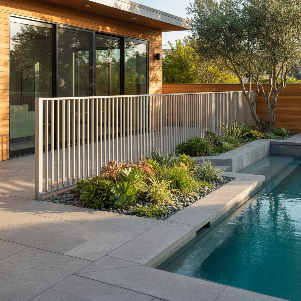ADU on a Lot With a Pool: Design Considerations — A close-up of a well-designed transition area between an ADU and a swimming pool, featuring a stylish pool fen