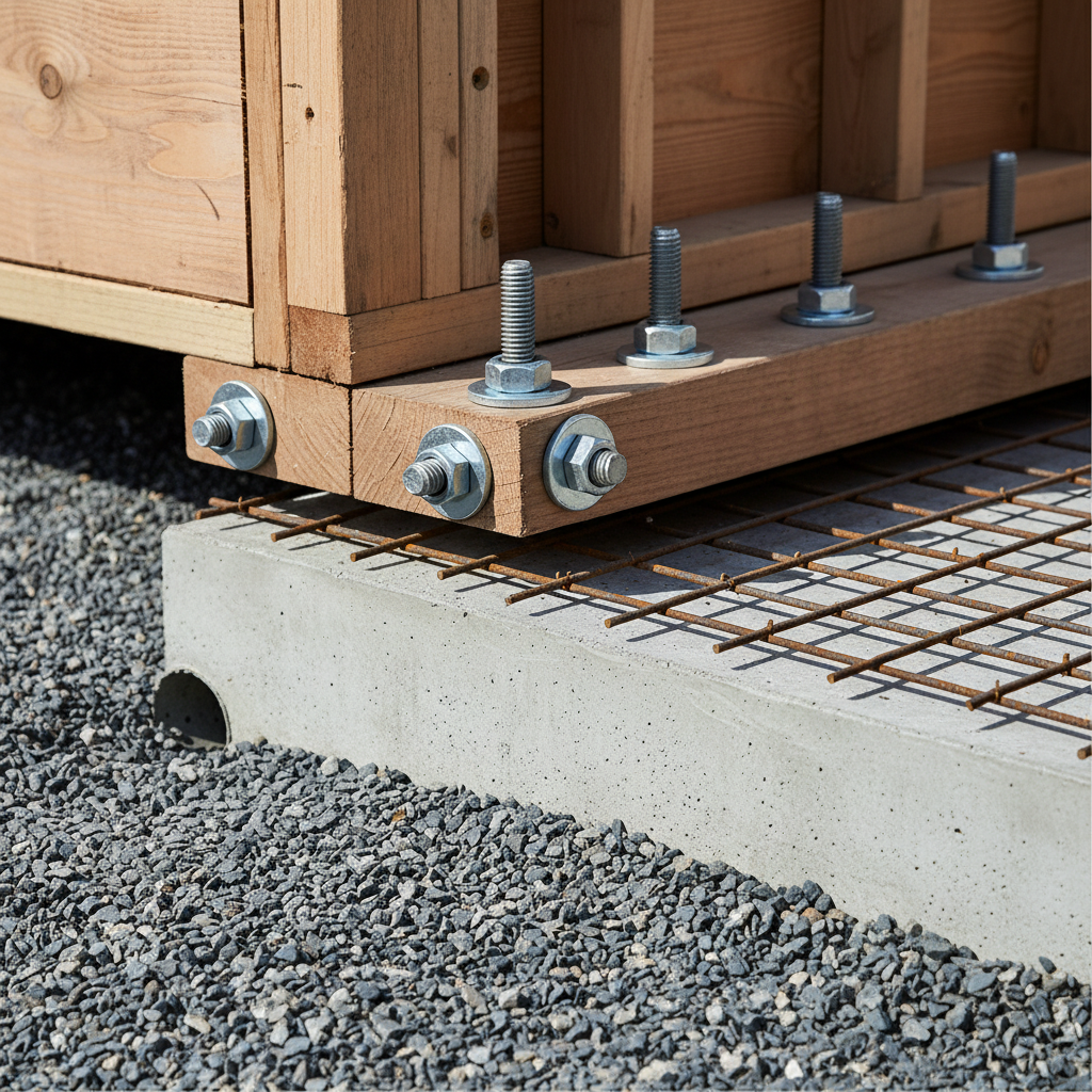 Anchor Bolts: Securing Your ADU to Its Foundation — A cutaway view of an ADU foundation showing various foundation elements: concrete slab, rebar mesh, anchor b