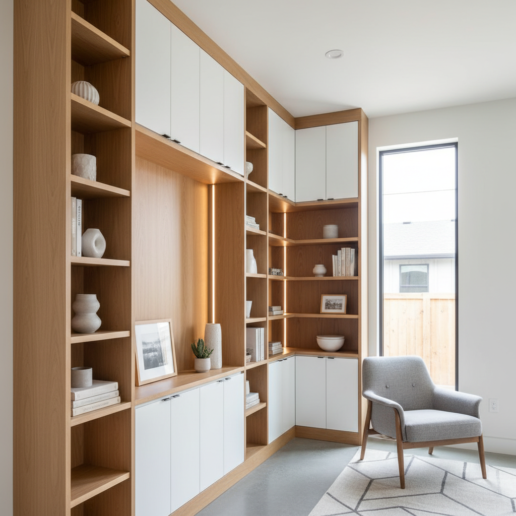 ADU Storage: Built-In vs. Flexible for Your Backyard Home — An innovative example of vertical storage in an ADU. This could be a floor-to-ceiling custom bookshe