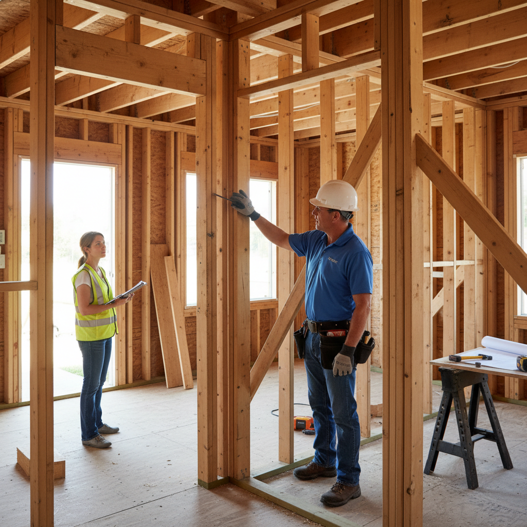 ADU Rough Inspection Checklist: What Gets Checked & Why It Matters — A licensed ADU contractor and a homeowner inside a partially built ADU, discussing the expo