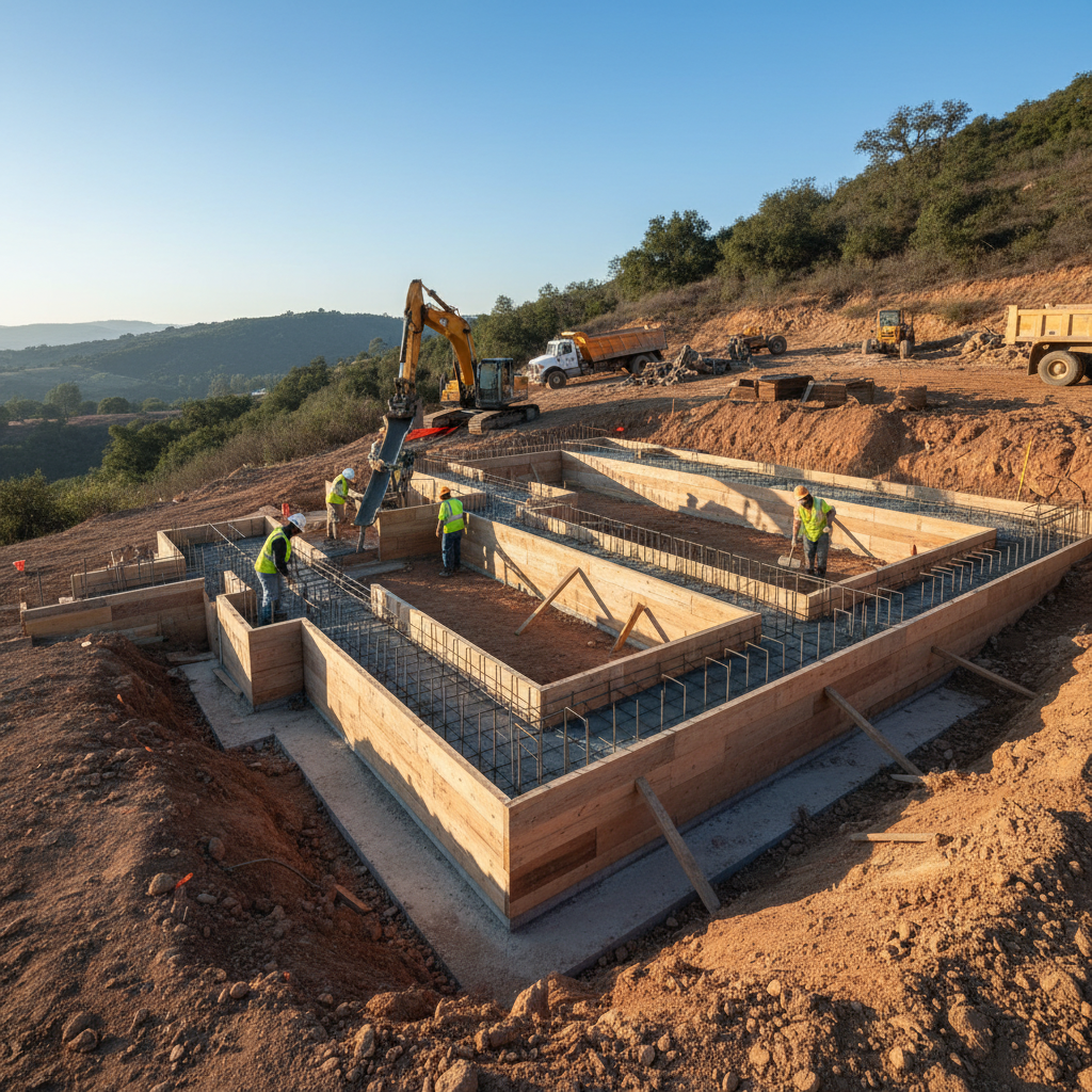 A photorealistic image of an ADU foundation being constructed on a challenging, sloped lot in California,