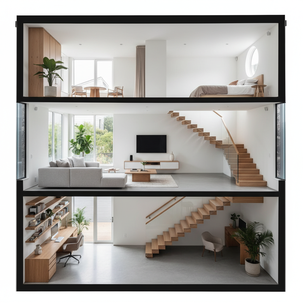 Split-Level ADU Floor Plan: Is It Right for Your Backyard Home? — An architectural rendering showcasing the interior cross-section of a tri-level ADU. Clearly v