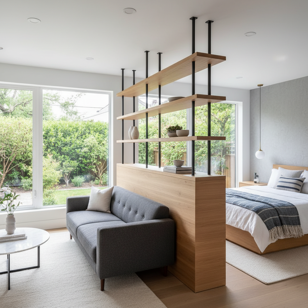 How to Separate Living and Sleeping Areas in a Studio ADU — A contemporary studio ADU interior with a sleek, minimalist half-wall (pony wall) that features inte