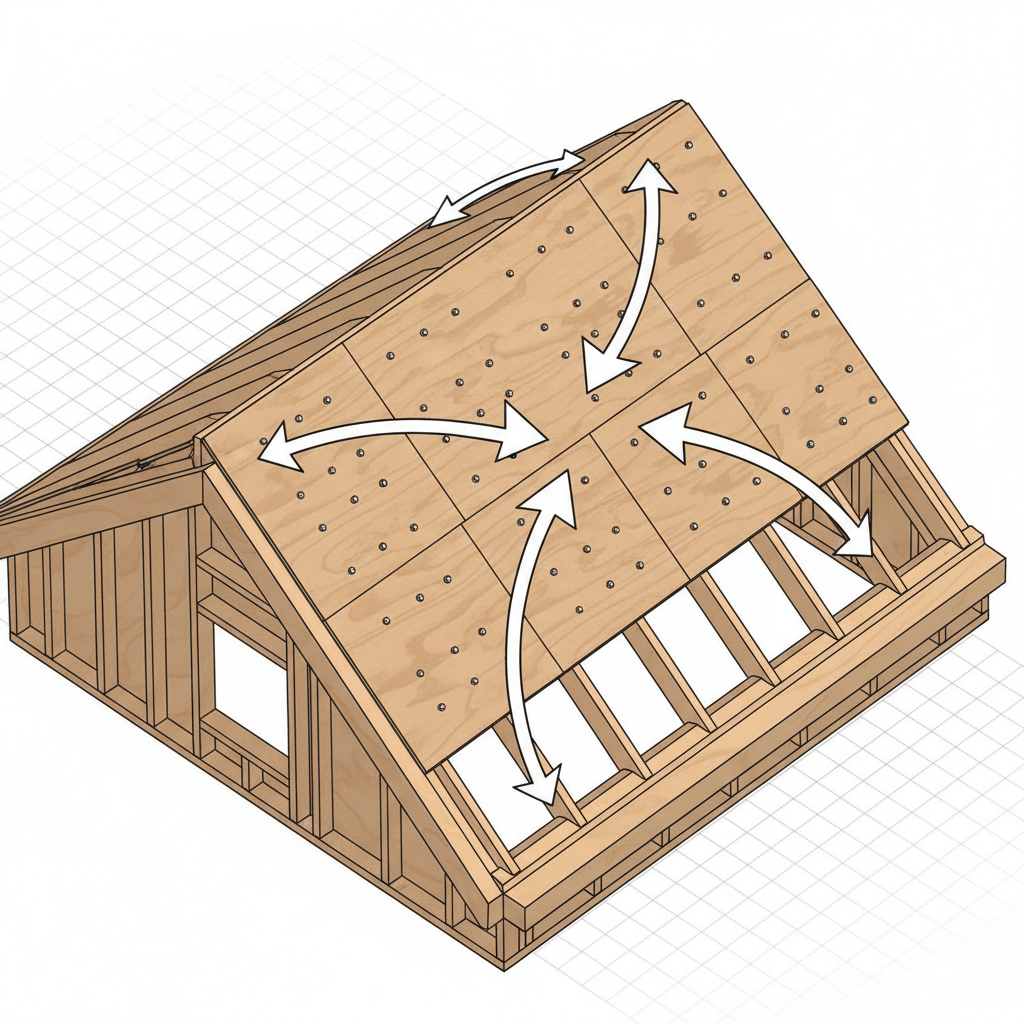 ADU Structural Diaphragms: Engineering for Safety & Durability — An isometric cutaway view of a residential roof structure, clearly showing plywood sheathing na