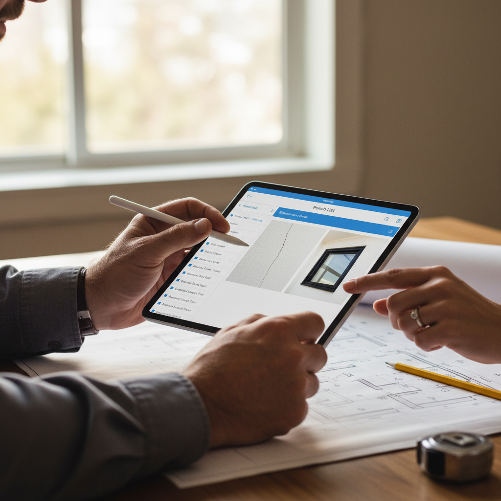 What Is a Punch List and Why It Matters for Your ADU Build — A close-up shot of a contractor and homeowner examining a detailed digital punch list on a tablet,