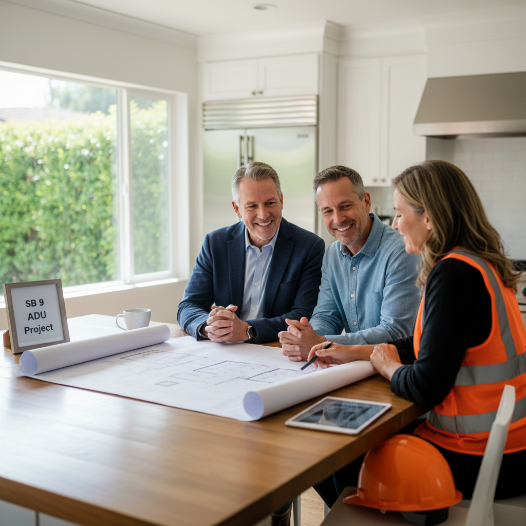 California's SB 9: Unlocking Housing Potential — A homeowner couple smiling and reviewing blueprints for a new property development with a professional architec