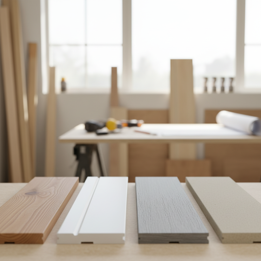 What Is a Fascia Board on an ADU and How It Affects Moisture Control — A collection of different fascia board material samples (wood, vinyl, composite, fiber ce