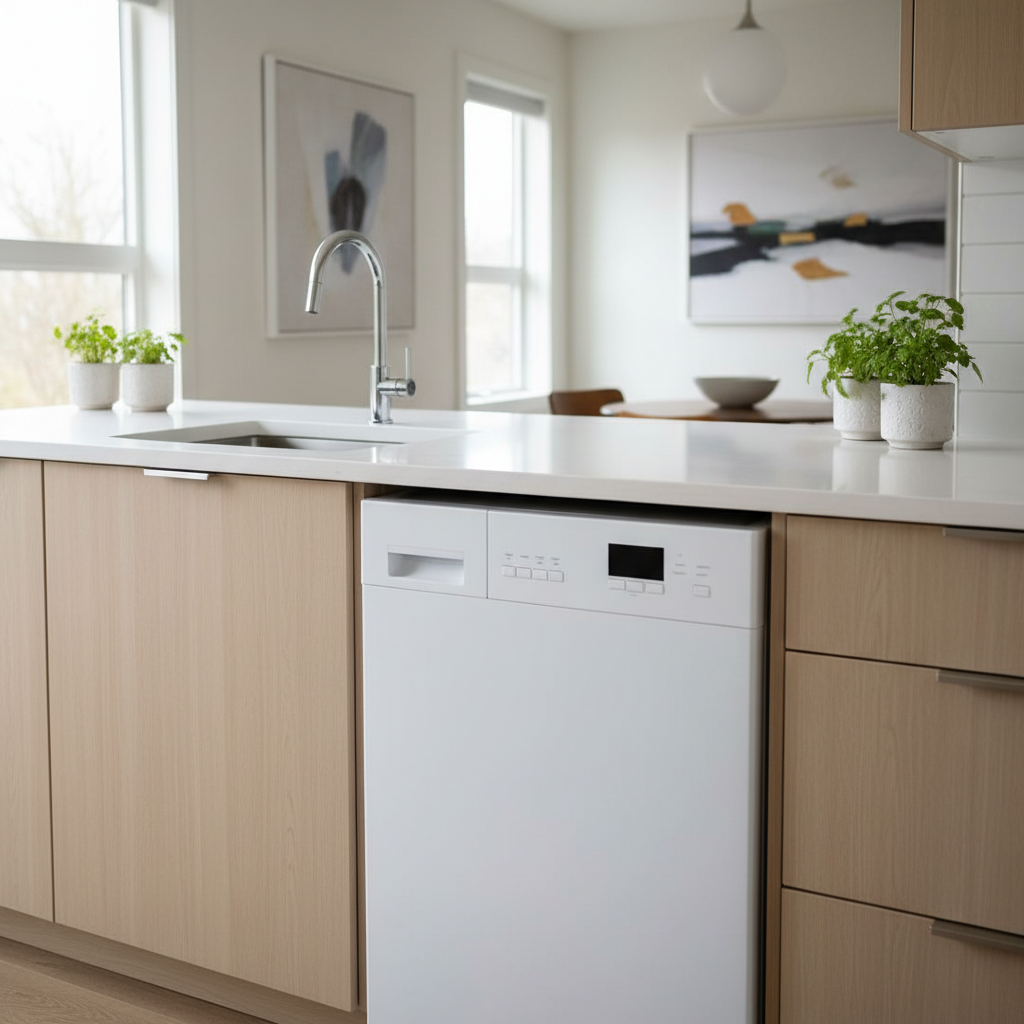 How to Add Laundry to an ADU: What Works in a Small Space — A photorealistic image of a sleek, white all-in-one washer/dryer combo unit perfectly integrated und