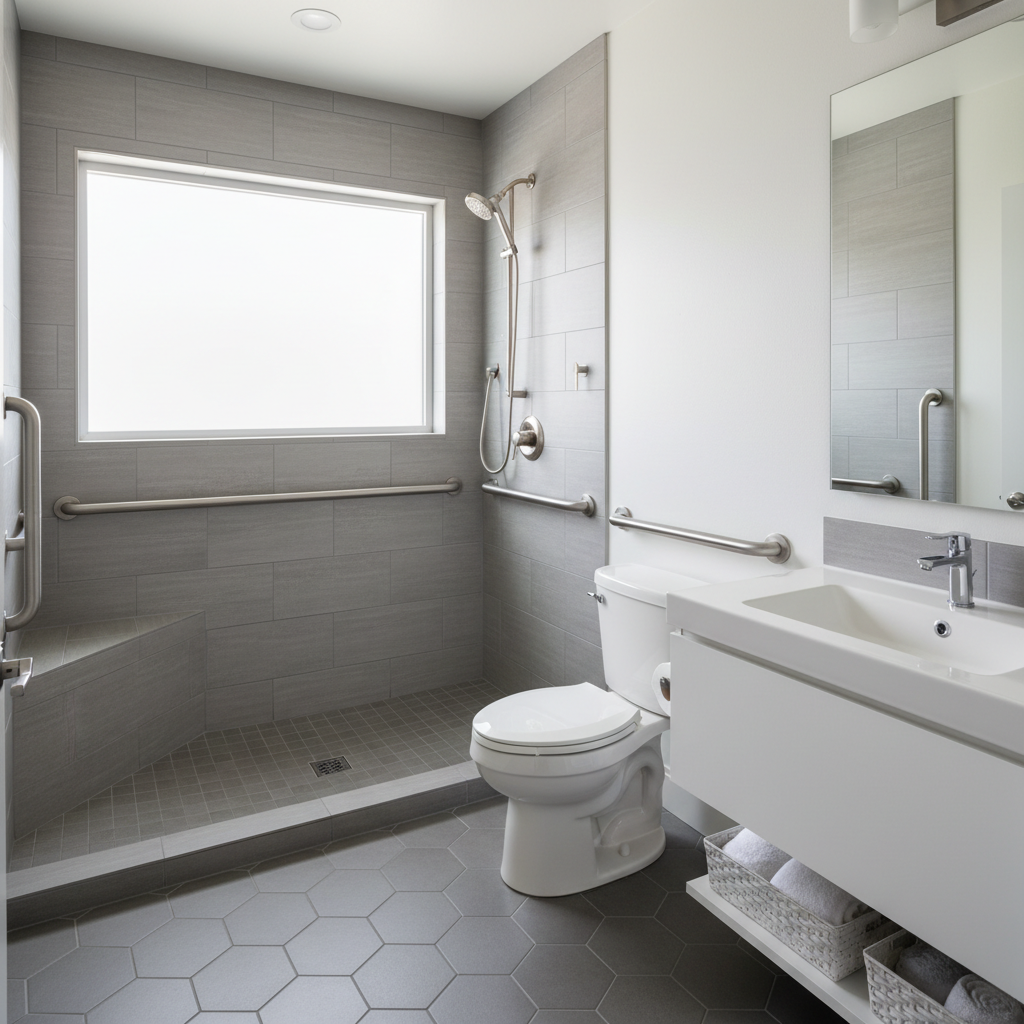 Designing an ADU for an Aging Parent: Essential Features — An interior shot of an ADU bathroom featuring a spacious, curbless roll-in shower with integrated gra