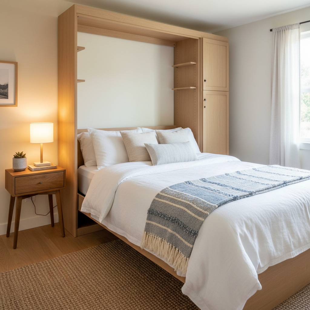 Murphy Beds for ADUs: Maximizing Space in Your Backyard Home — A photorealistic depiction of an ADU interior with a queen-sized Murphy bed fully extended and ma