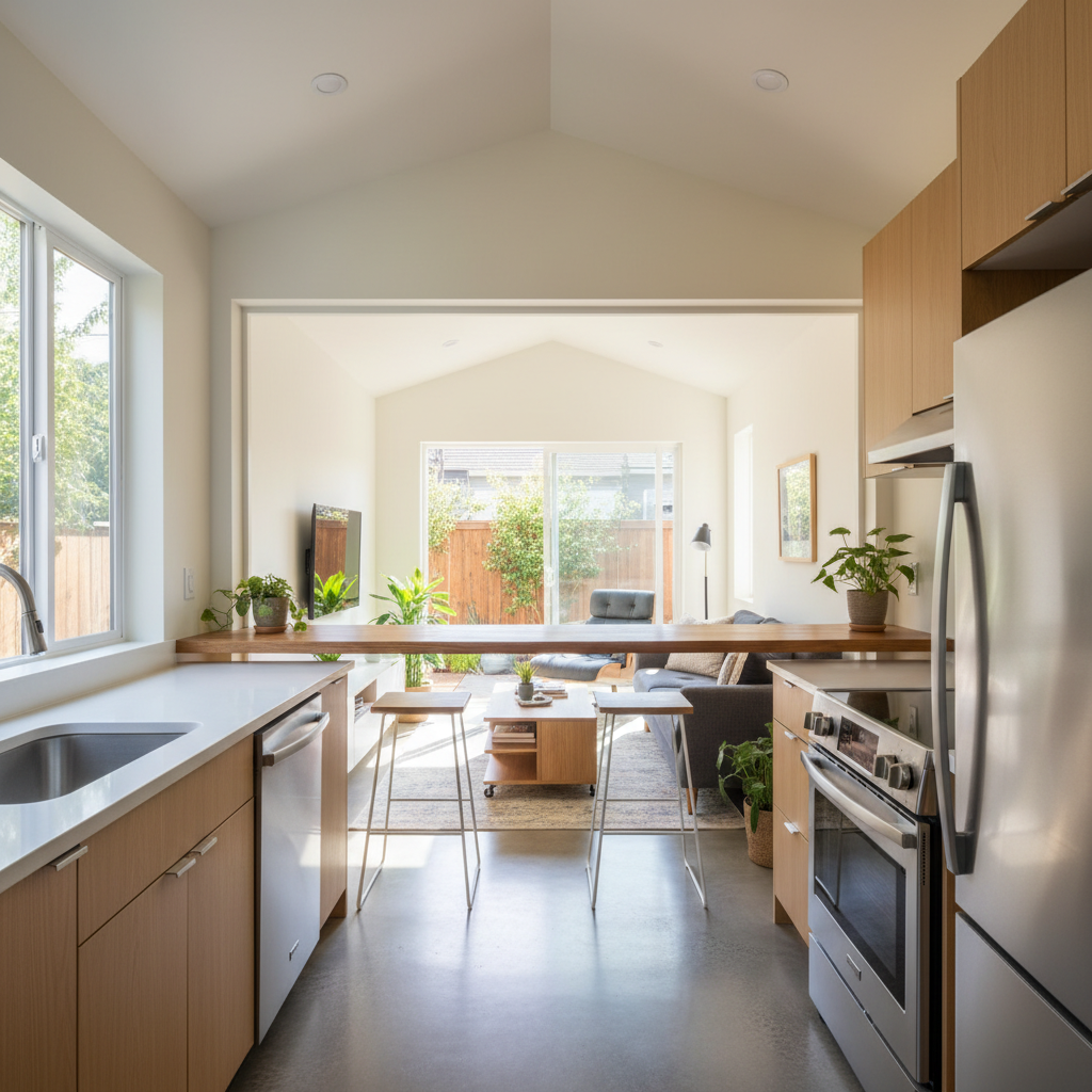 What Is a Pass-Through Kitchen and Does It Work in a Small ADU — A wider interior shot of a small ADU, demonstrating the seamless flow and abundant natural ligh