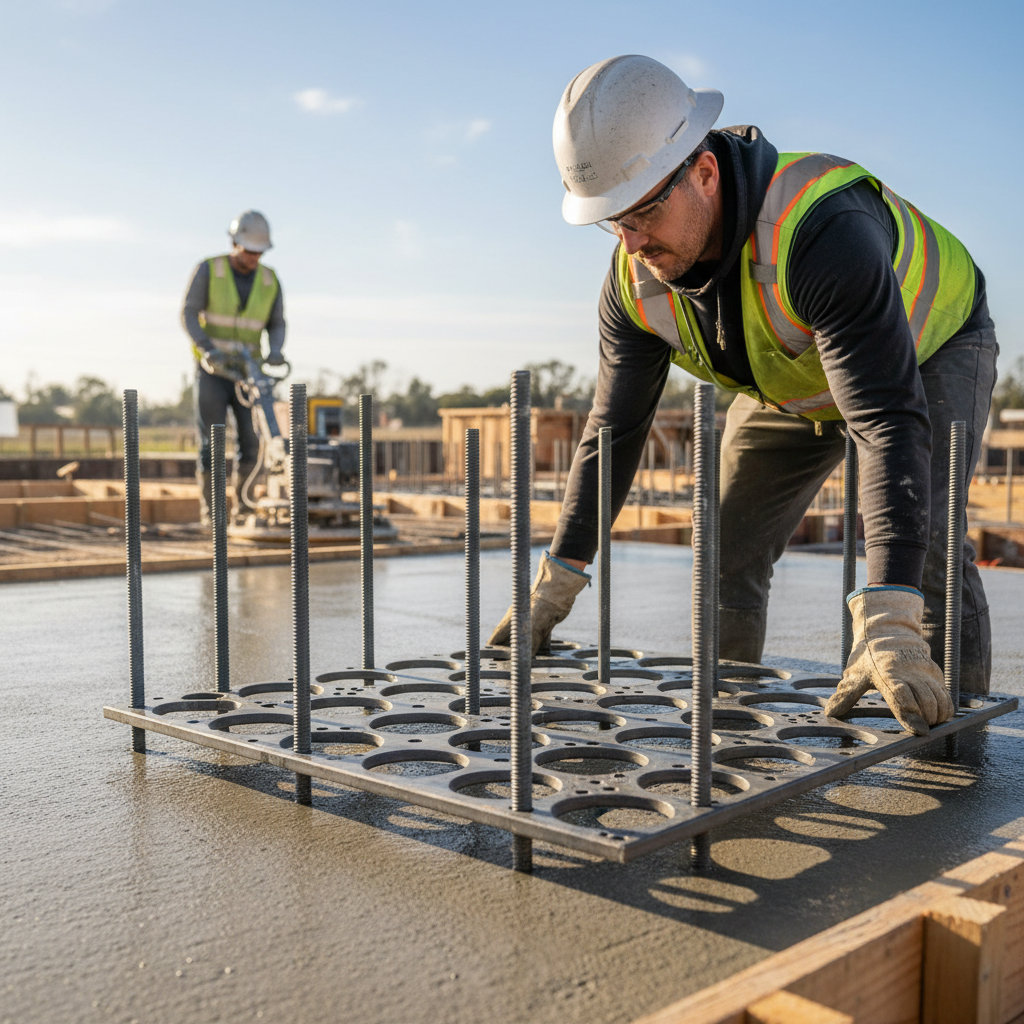 Anchor Bolts: Securing Your ADU to Its Foundation — A construction site photo showing a worker carefully placing a template for anchor bolts onto freshly poured