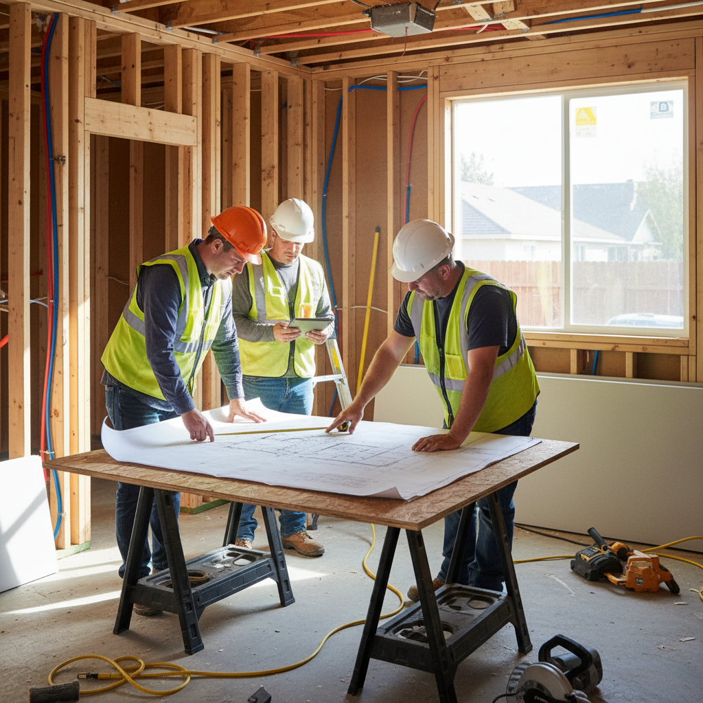 What Are As-Built Plans and Why Your Garage Conversion Needs Them — A photorealistic construction site inside a garage being converted into an ADU. Workers are