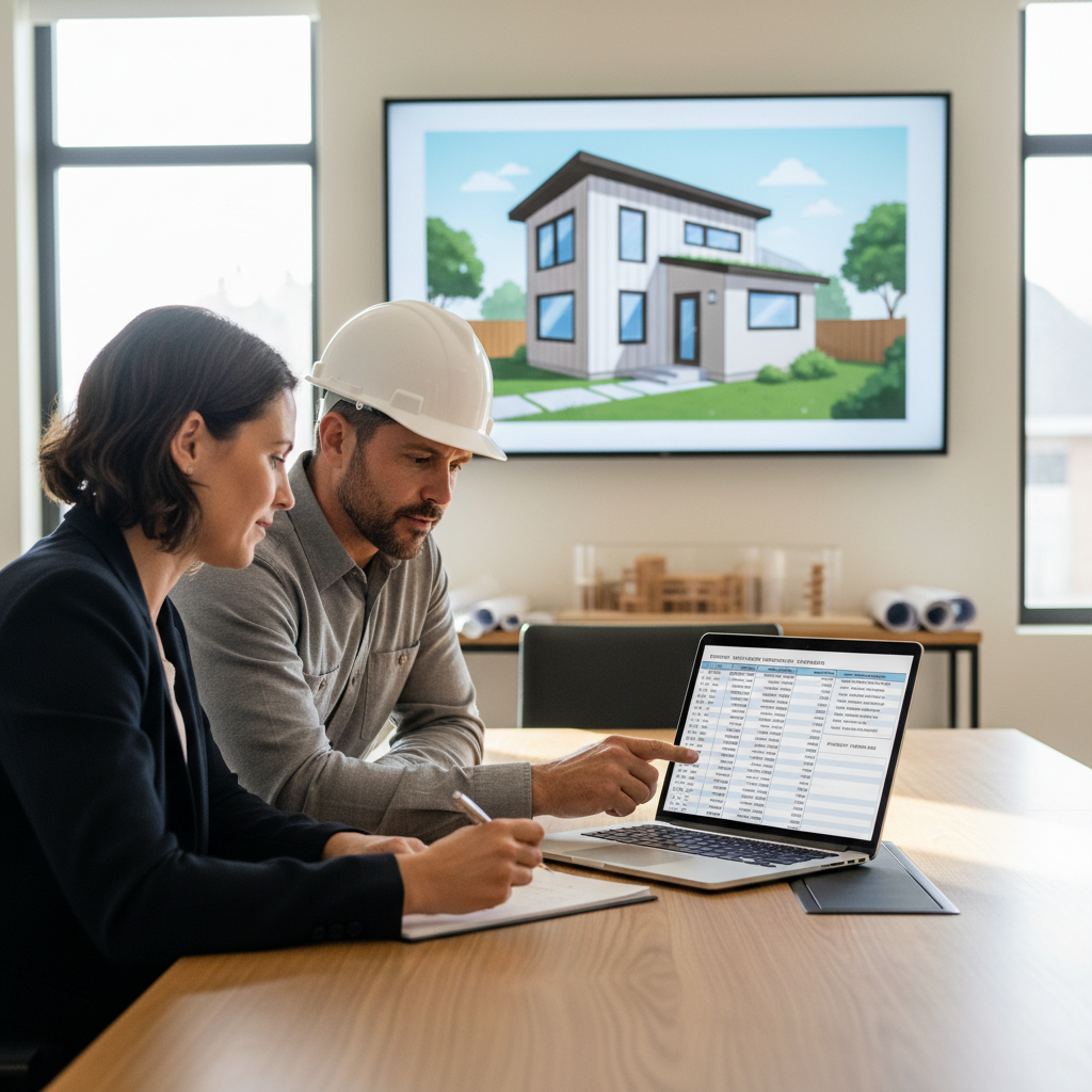 Construction Manager vs. General Contractor: ADU Project Roles — An ADU owner and a Construction Manager reviewing detailed budget spreadsheets and project time
