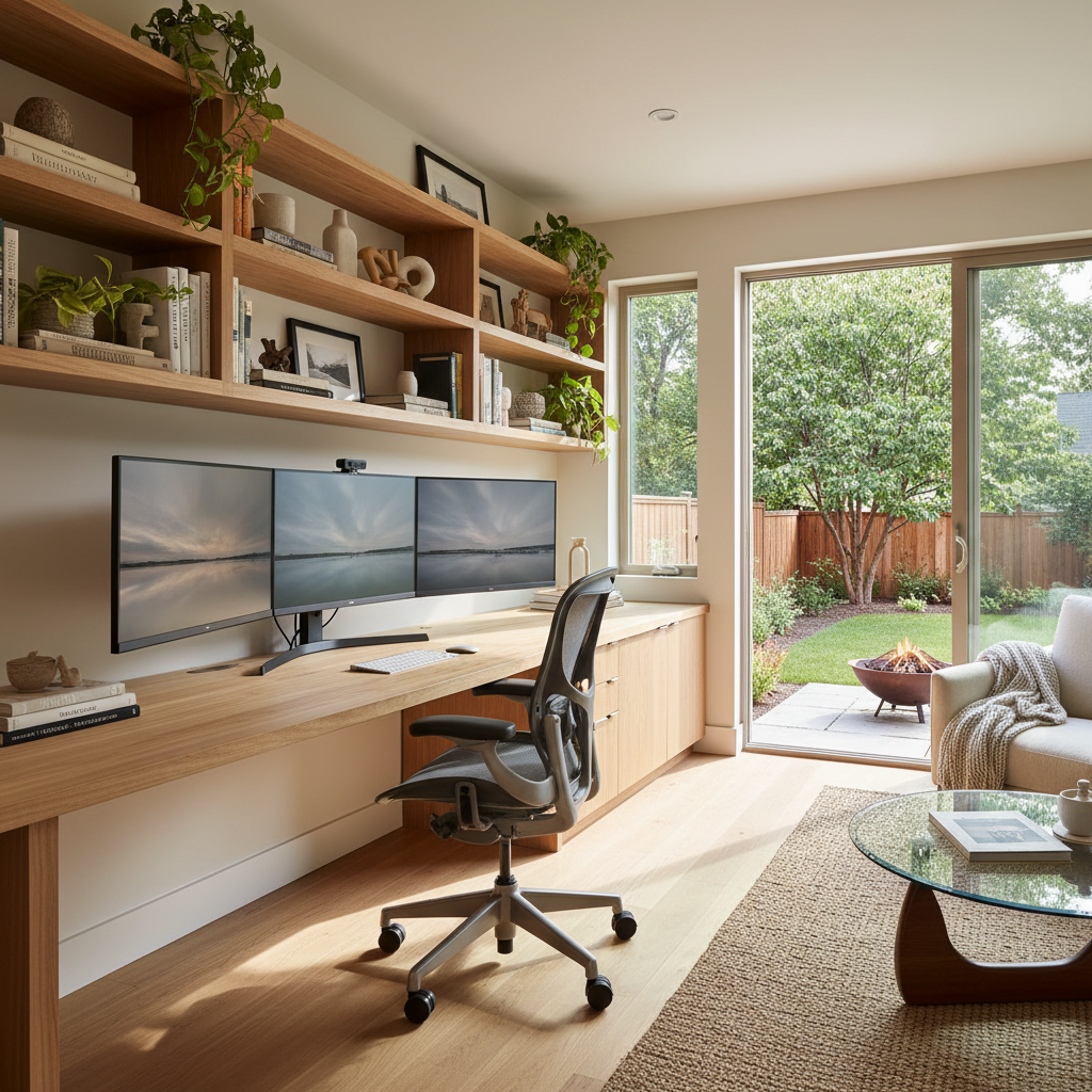 Unlock Productivity: Your Ultimate ADU Home Office Guide — A sleek, sunlit interior of an ADU home office. The space features a large built-in desk with multipl