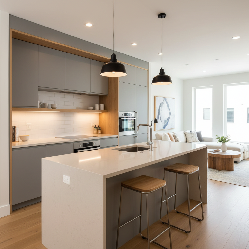 What Is a Kitchen Island and When Is One Practical in an ADU — An ADU kitchen featuring a sleek, modern peninsula-style kitchen island. The island extends from