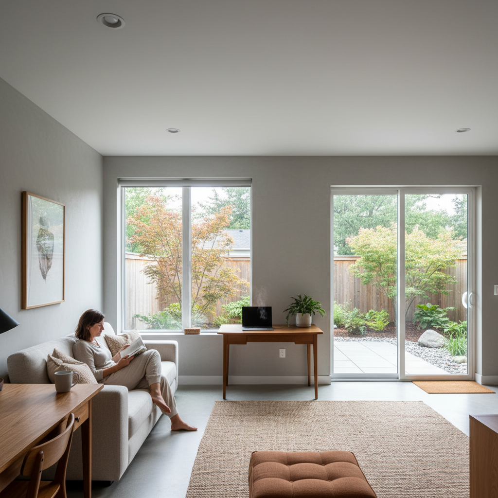 ICF ADU Construction: Build a Resilient, Efficient Backyard Home — A finished, contemporary ICF ADU interior, showcasing a bright, open living space with minima
