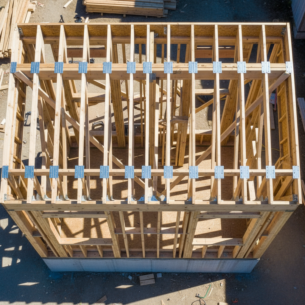 ADU Continuous Load Path: Building for California's Future — An aerial view of a partially constructed ADU framing, clearly showing the roof rafters, wall studs